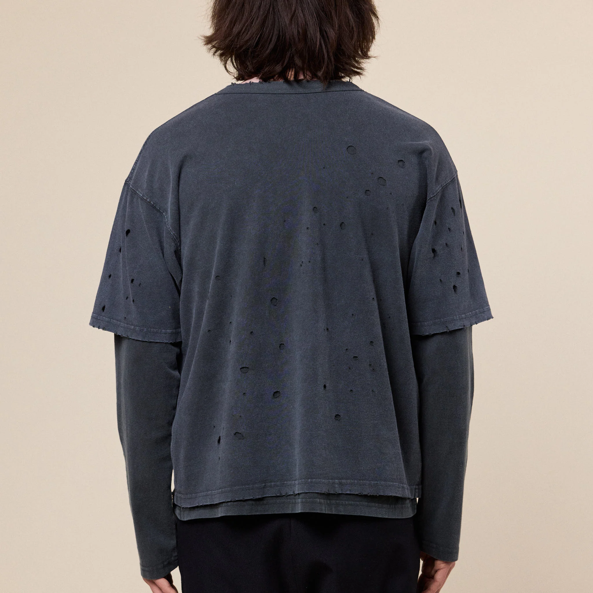 BEAMS - Layered Damage Long Sleeve T-Shirt - Black - Image 2